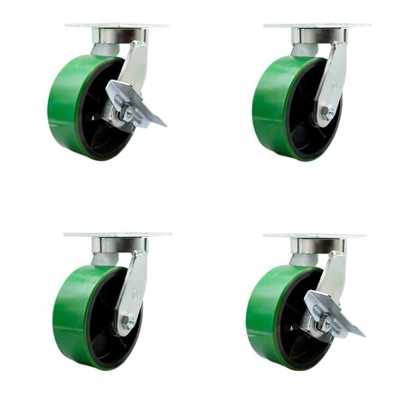 Service Caster 8'' Heavy Duty Green Poly on Cast Iron Caster Set 2 Swivel Lock 2 Brakes, 4PK CRAN-SCC-KP92S830-PUR-GB-BSL-2-SLB-2